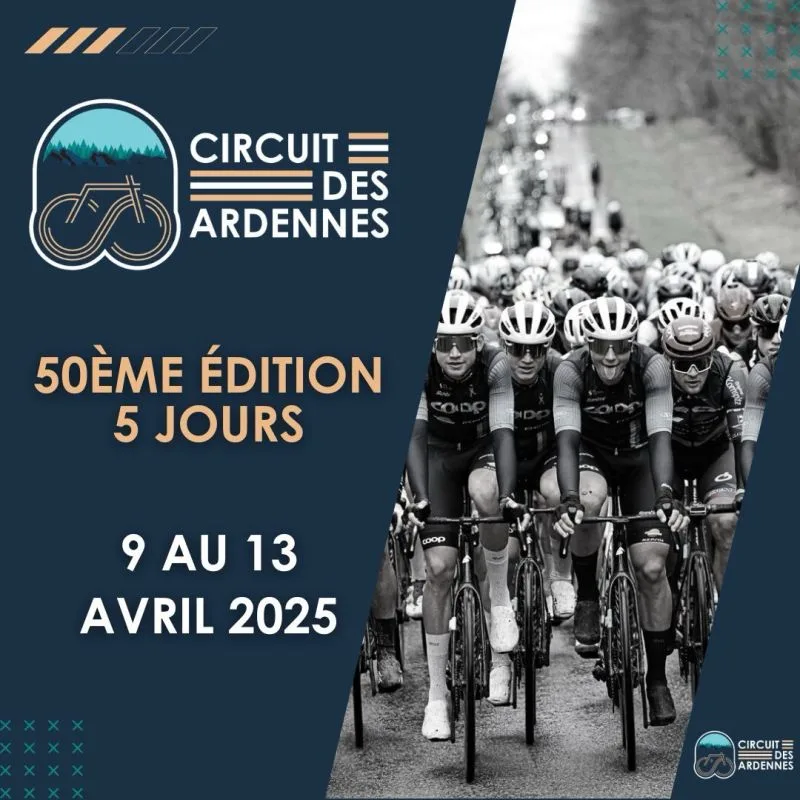 Affiche pour le circuit des Ardennes 2025, course de cyclisme renommé en 5 étapes pour sa 50e édition du 9 au 13 avril 2025