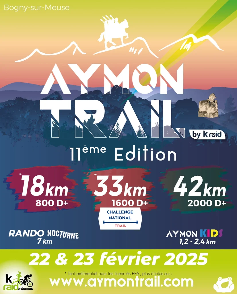 Affiche de l'Aymon Trail 2025 qui se déroule les 22 et 23 février 2025 à Bogny-sur-Meuse dans les Ardennes, 11e édition avec trois courses principales