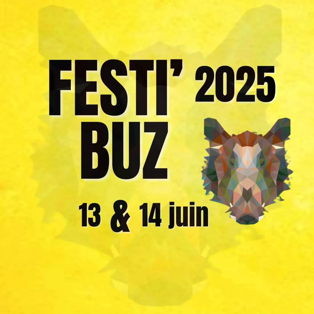 Affiche du festival pop-rock Festi'Buz 2025 dans les Ardennes à Buzancy les 13 et 14 juin 2025