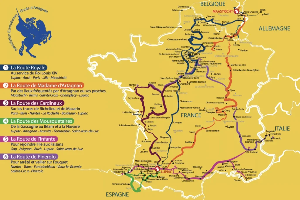 tracés des six routes thématiques de la Route d'Artagnan, sentier équestre européen