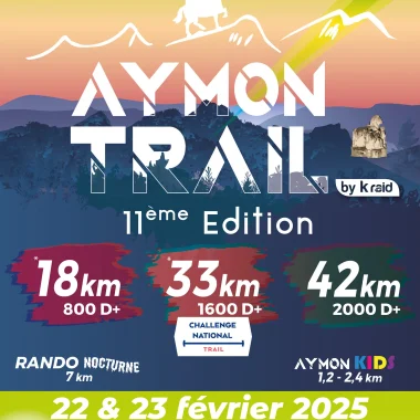 Affiche de l'Aymon Trail 2025 qui se déroule les 22 et 23 février 2025 à Bogny-sur-Meuse dans les Ardennes, 11e édition avec trois courses principales